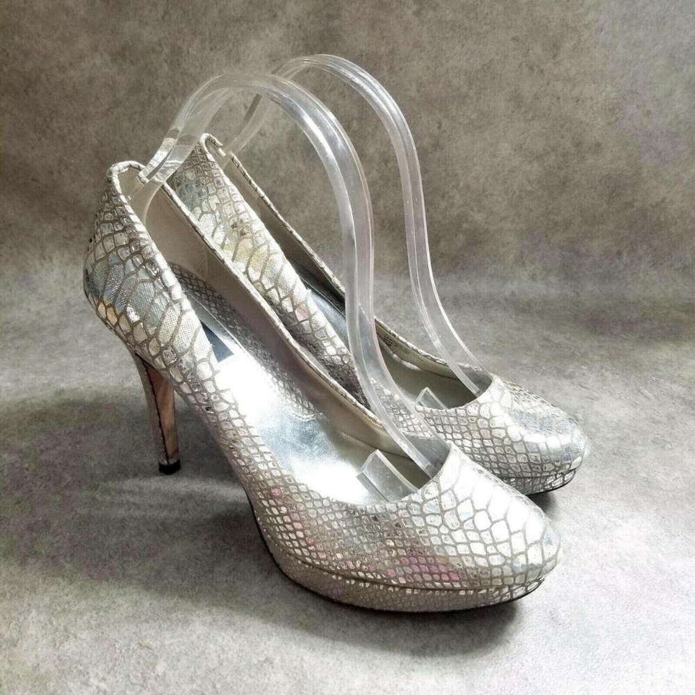 White House Black Market Women's Silver Snowflakes Slip On High Heels